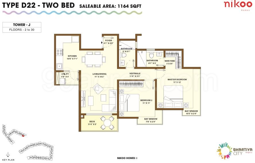 Bhartiya City Builders Nikoo Homes Floor Plan 2bhk 2t 13 Super Area 1164 Sq Ft Apartment