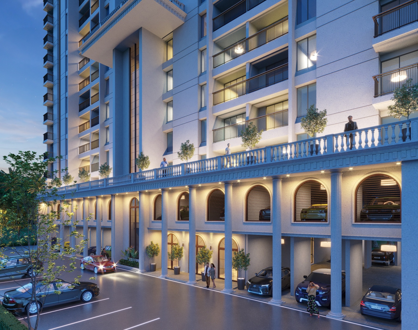 Premium facade and podium amenities of Ceratec Presidential Tower; a luxury residential project for sale in Ravet near the Mumbai-Pune Expressway.