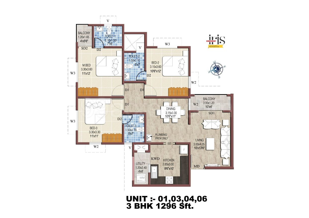 Confident Group Iris Floor Plan Knad 3bhk 3 Super Area 1296 Sq Ft Apartment