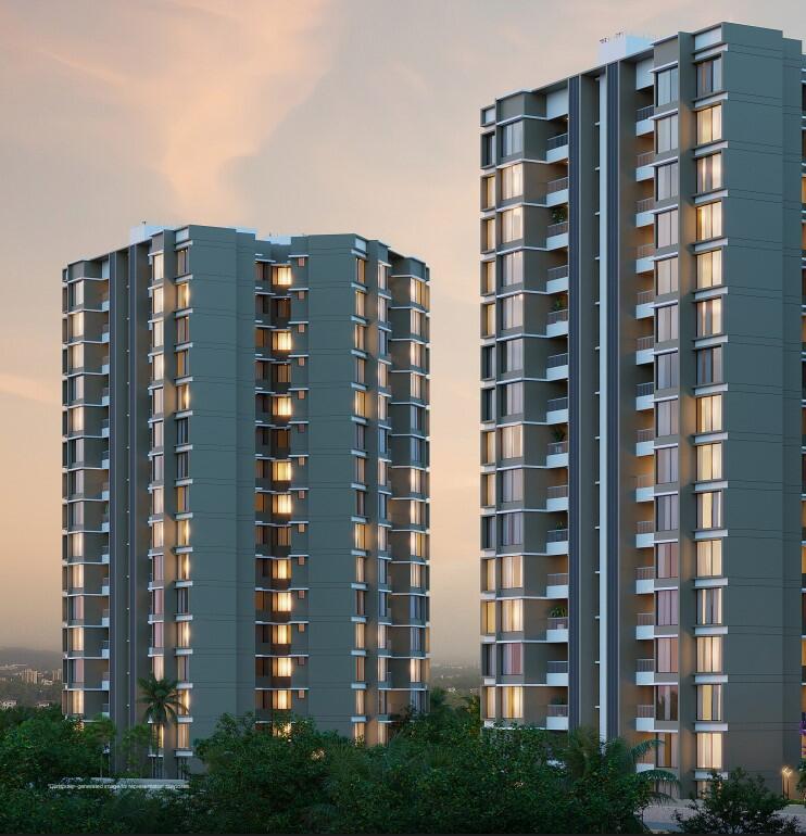 Exterior architectural view of Skyi Park Bhukum, featuring premium 2 and 3 BHK under-construction apartments by Habitation Oracle Pvt Ltd, starting from 63 Lakhs in Pune.