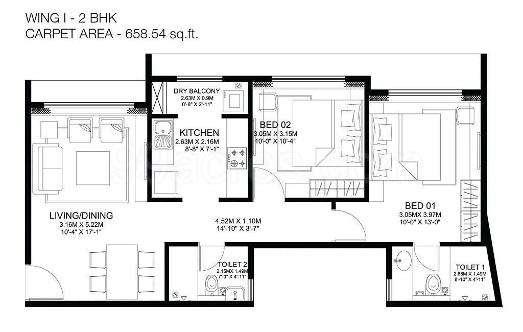 2 BHK Flat in Godrej Prive floor plan 658 sq.ft. (61.13 sq.m.)
