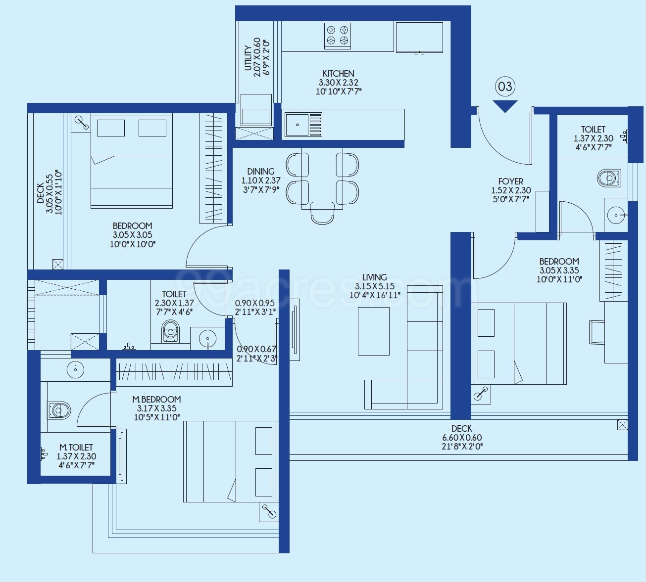 3 BHK Flat in Godrej Exquisite floor plan 922 sq.ft. (85.66 sq.m.)