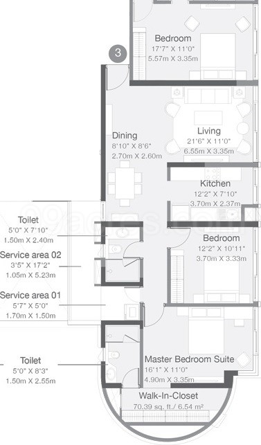 3 BHK Flat in Godrej Platinum floor plan 1,079 sq.ft. (100.24 sq.m.)