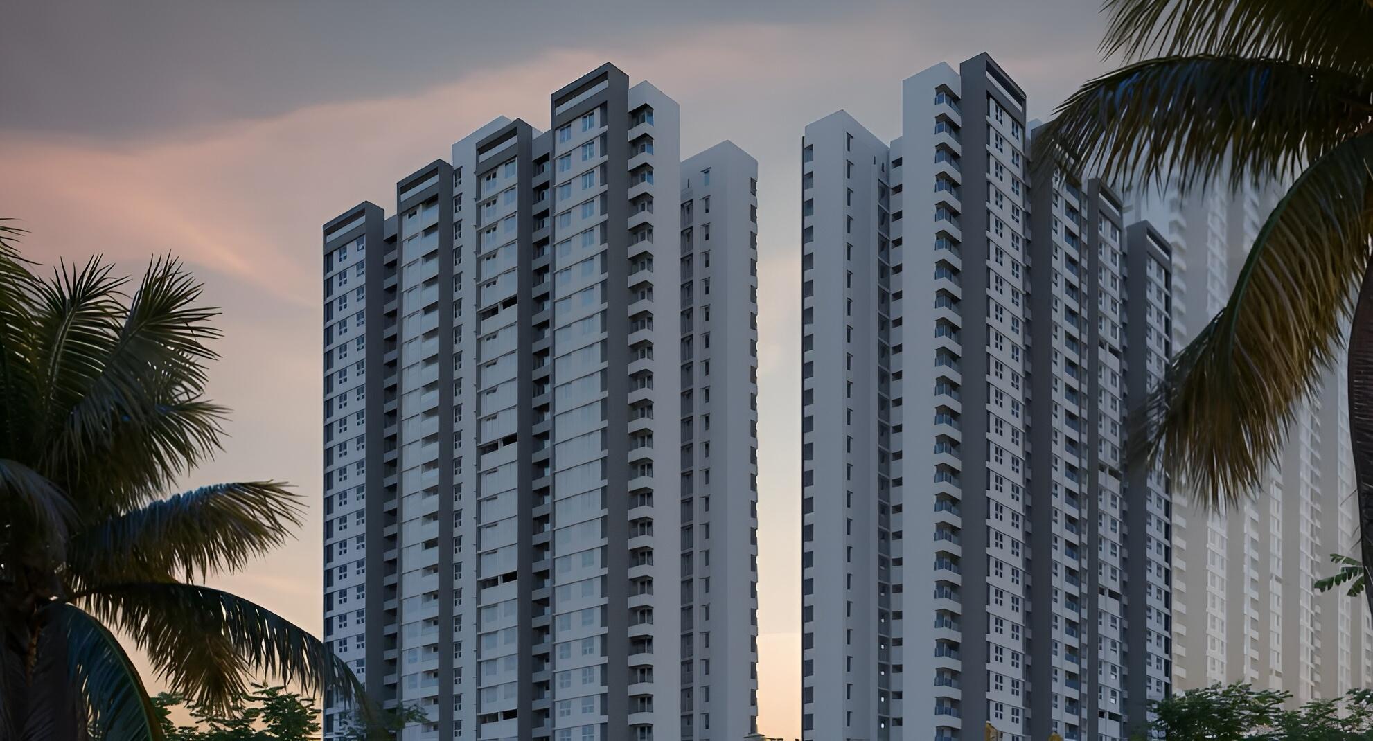 Exterior architectural visualization of Qrious by Kolte-Patil in Life Republic, Hinjewadi, featuring high-rise towers with smart 2 BHK apartments starting from 74 Lakhs, presented by Habitation Oracle Pvt Ltd.