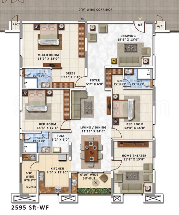 My Home Constructions Abhra Floor Plan 3bhk 2 Super Area 2595 Sq Ft Apartment