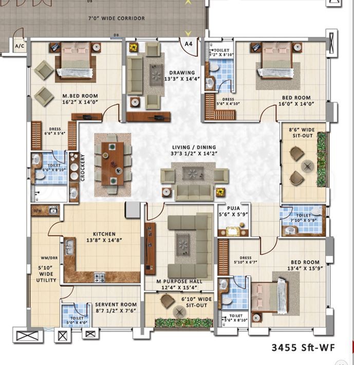 My Home Constructions Abhra Floor Plan 3bhk 4 Super Area 3455 Sq Ft Apartment