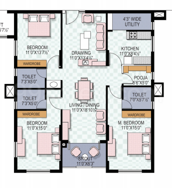 My Home Constructions Jewel Floor Plan 3bhk 2 Super Area 1450 Sq Ft Apartment