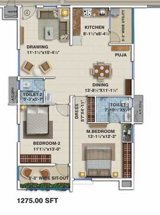 My Home Constructions Vihanga Floor Plan 2bhk 2 Super Area 1275 Sq Ft Apartment