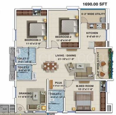 My Home Constructions Vihanga Floor Plan 3bhk 3 Super Area 1690 Sq Ft Apartment
