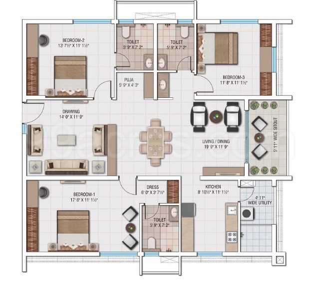 My Home Constructions Avatar Floor Plan 3bhk 3t Pooja 2 Super Area 1834 Sq Ft Apartment
