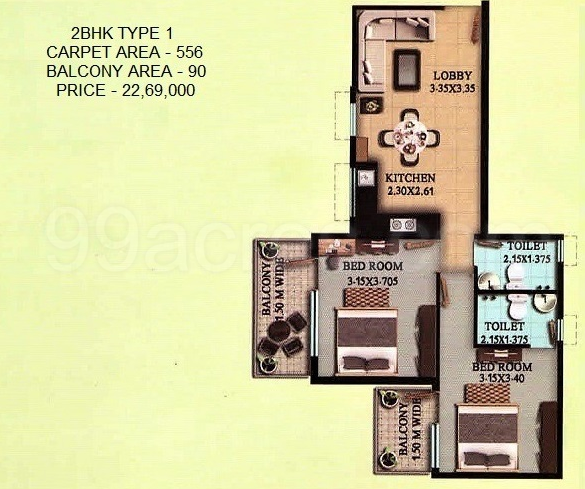 2 BHK Flat in OSB The Venetian Affordable Housing floor plan 556 sq.ft. (51.65 sq.m.)
