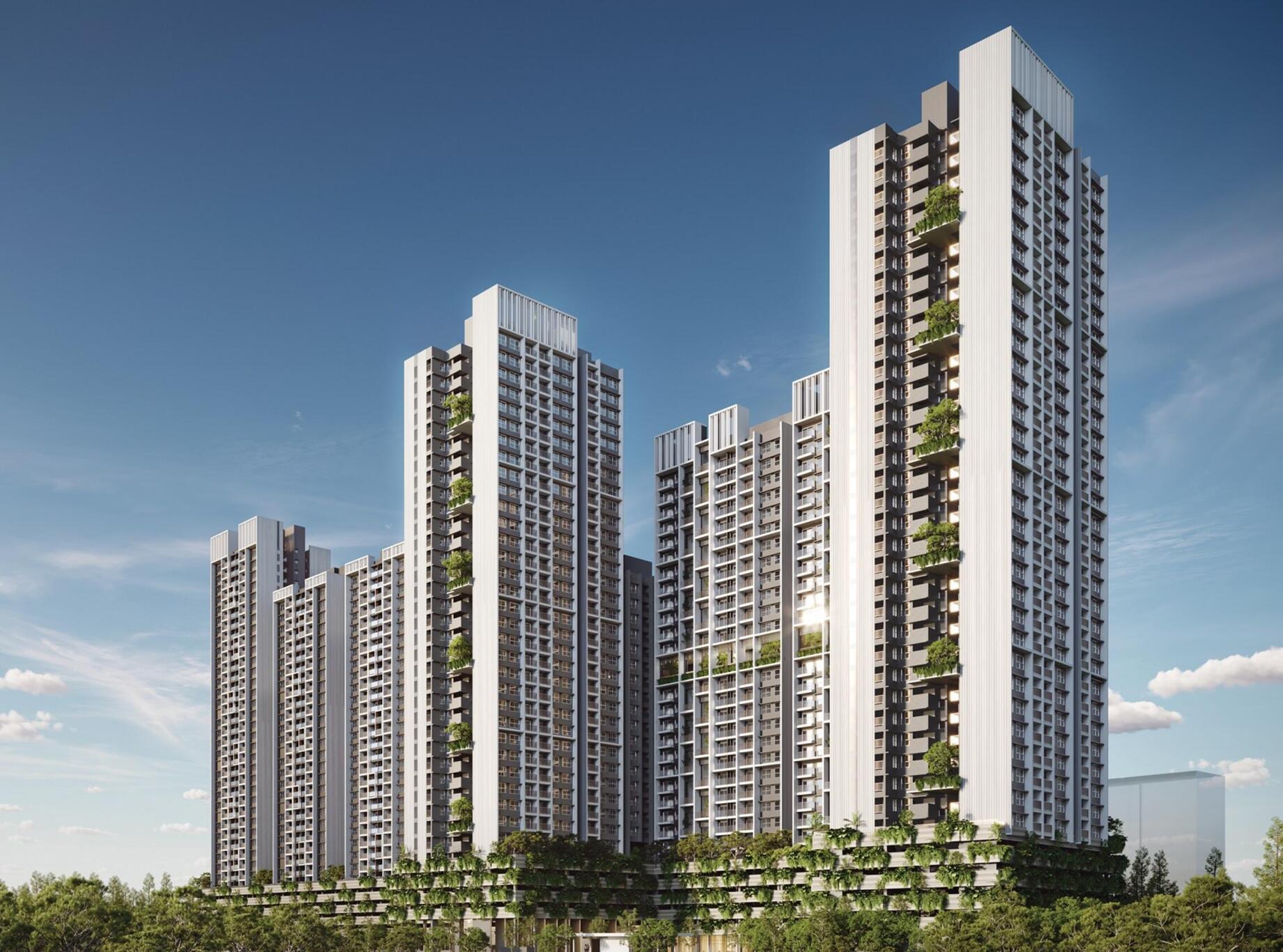 Architectural 3D render of Rohan Harita Tathawade by Rohan Builders, showing luxury high-rise towers with forest-themed landscaping and 2, 3, and 4 BHK apartments, presented by Habitation Oracle Pvt Ltd