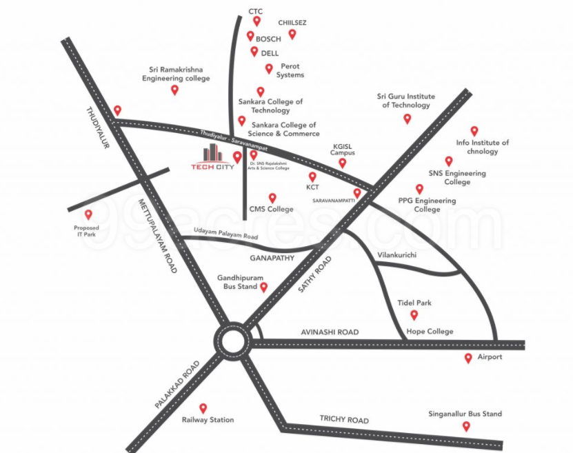 Coimbatore City Map With Roads Town And City Developers Town Tech City Map - Saravanampatti, Coimbatore  Location Map