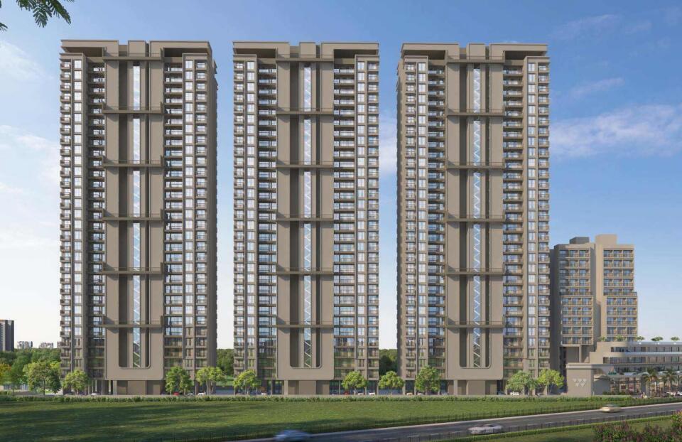 Architectural elevation of Mangalam Aikyam Ravet, a premium 30-storey residential project by Mangalam Landmarks featuring new launch 2 and 3 BHK apartments with walk-in wardrobes, presented by Habitation Oracle Pvt Ltd.
