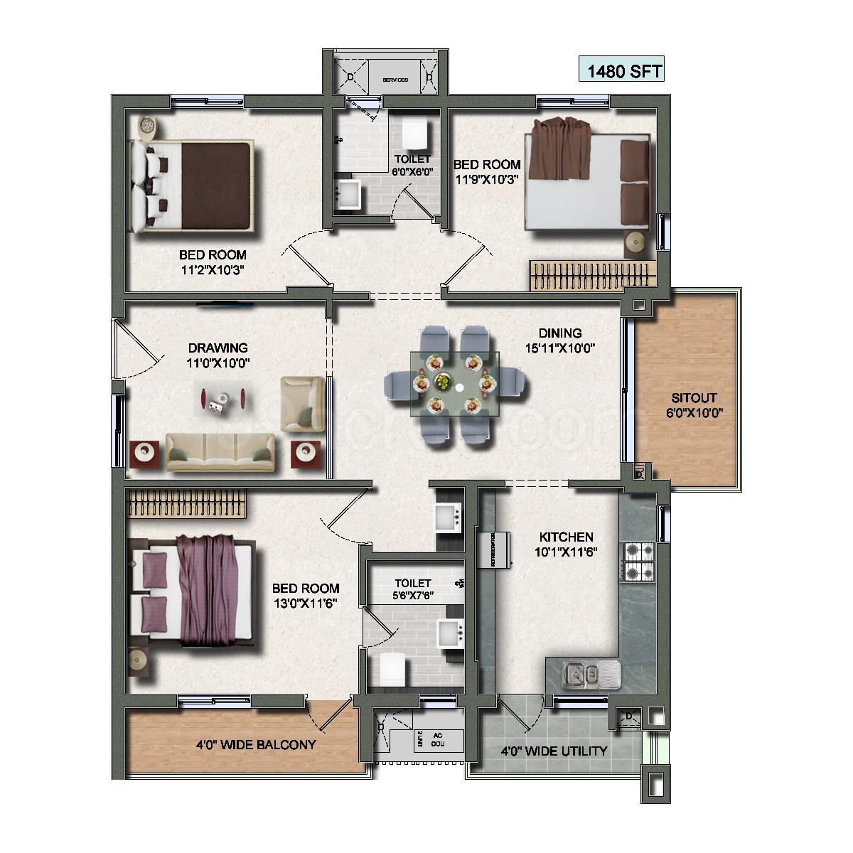 3Bhk Floor Plan Modern House